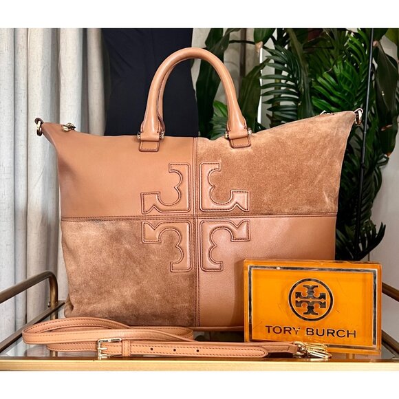✺ AUTHENTIC TORY BURCH CAMEL BROWN AND SUEDE NATALIE SHOULDER BAG/SATCHEL - Picture 1 of 10